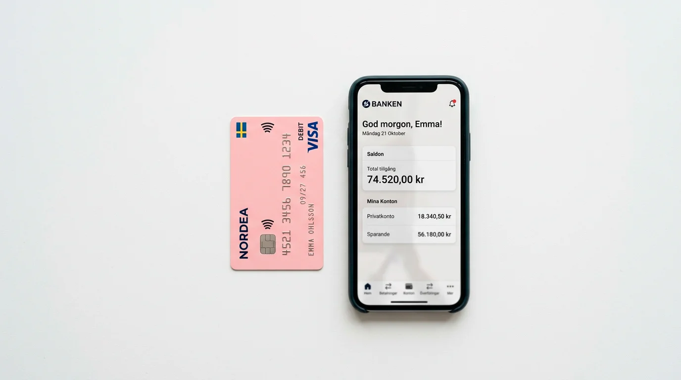Klarna Card liggande pa ett skrivbord bredvid en mobiltelefon med Klarna-appen