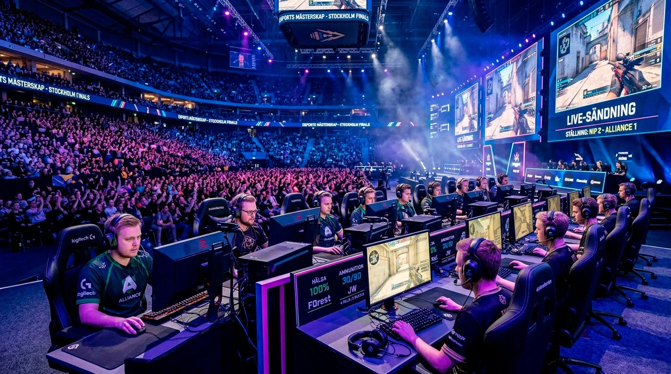 E-sportturnering med CS2-spelare vid datorer pa en upplyst turnerings-scen