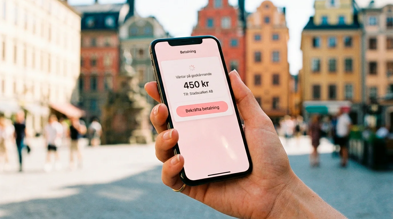 Hand som haller en smartphone med Klarna-appens betalningsvy oppnad