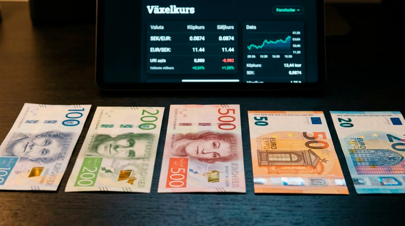 Svenska kronor och eurosedlar bredvid en valutavaxlingsskarm pa en dator