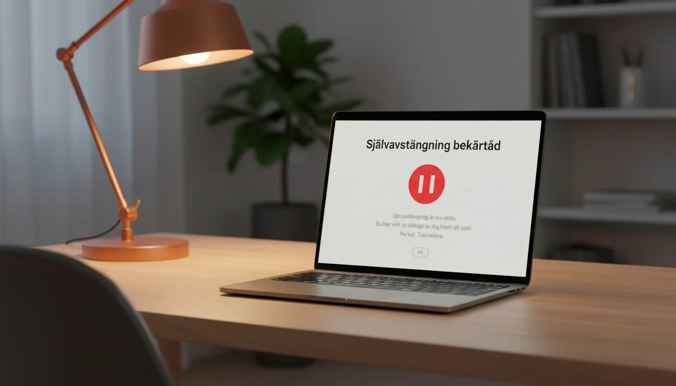 Sjalvavstangningsbekraftelse pa en datorskarm med Spelpaus-logotypen synlig