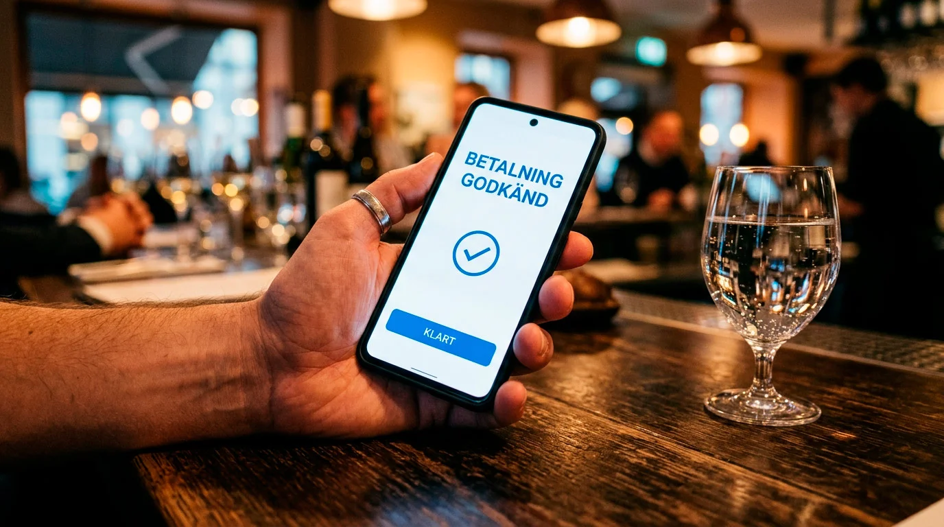 Smartphone med Swish-appen oppen bredvid ett svenskt spelkonto pa en barskiva