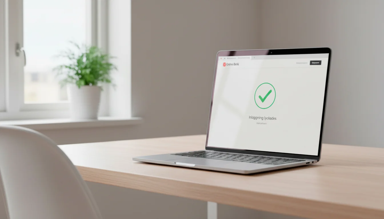 Bankoverforingsbekraftelse pa en laptopskarm med svensk bankinloggning via Trustly